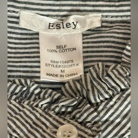 Eskey Gray White Pinstripe Ruffle Trim 100% Cotton Top Size M - Picture 6 of 9
